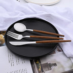 16-Piece Silverware Set with Cake Fork, Silver Stainless Steel Flatware Cutlery, Eating Utensils with Wooden Effect Handle, Includes Knife, Fork, Spoon, Mirror Finish, Dishwasher Safe
