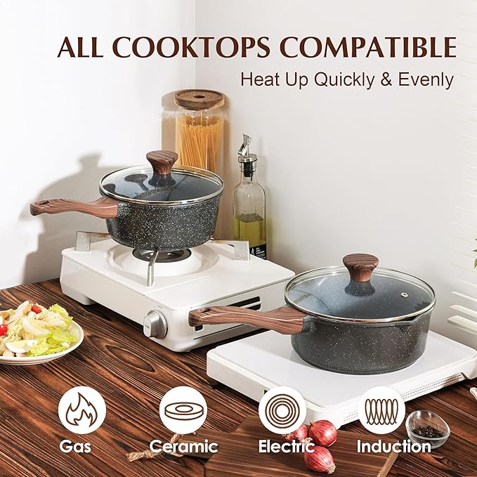 SENSARTE Nonstick Sauce Pan with Lid Saucepan Set, Swiss Granite Coating Sauce Pot Kitchen Cooking Pot Sets, Induction Comptable, Free of Intentionally Added PFOA, 1.5 + 2 QT
