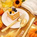 KIRE 400PCS Gold Plastic Silverware - Extra Heavy Duty Hammered Silverware Disposable Set, Gold Utensils Set Include 200 Forks,100 Knives,100 Spoons for Thanksgiving Party, Wedding