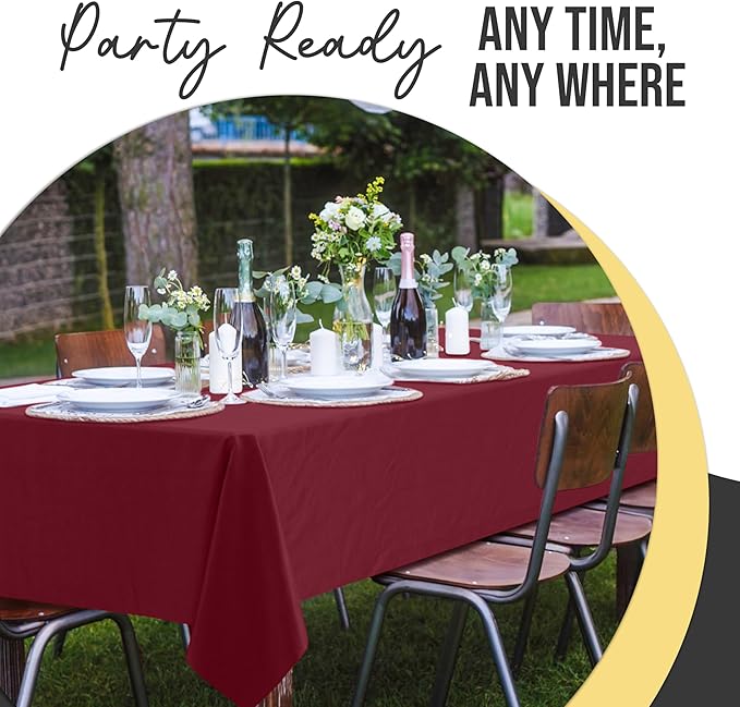 Exquisite 66% Thicker Premium Plastic Table Cloth Rectangle Table Cover 0.5 Mil 12 Pack Burgundy Table Cloth 54 Inch x 108 Inch Disposable Tablecloth Won't Tear Easily Like Cheap Thin Brands