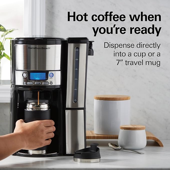 Hamilton Beach One Press Programmable Dispensing 12 Cup Coffee Maker with Internal Coffee Pot, Stays Warm and Fresh for Hours, 60 oz. Removable Reservoir, Black & Stainless Steel (47950)