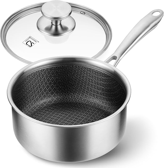 KOCH SYSTEME CS Hybrid Nonstick Stainless Steel Saucepan, 2 Quart Tri-Ply Stainless Steel Sauce Pan with Nonstick Honeycomb Interior, Hybrid Sauce Pan with Lid, Small Steel Pot, Induction Compatible