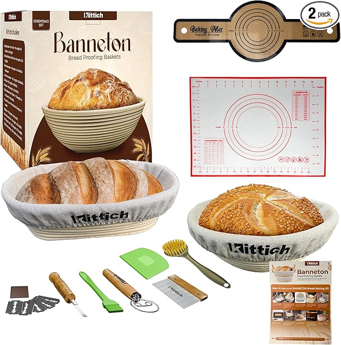 KITTICH Banneton Bread Proofing Basket with Essentials Set, 10 Inch Oval and 9 Inch Round Rattan Baskets with Linen Liners, Perfect for Sourdough Starter Kit - Sourdough Bread Baking Supplies