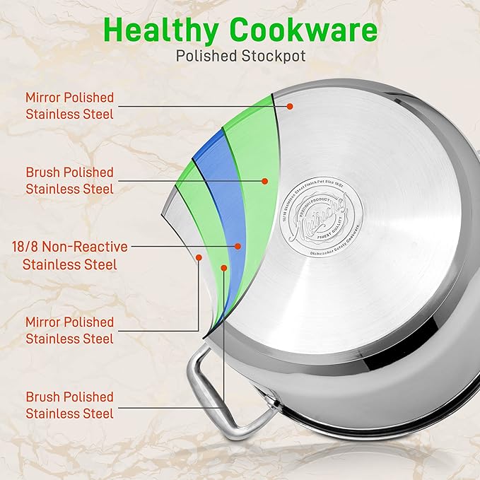 NutriChef 12-Quart Stainless Steel Stockpot – 18/8 Food Grade Heavy-Duty Induction-Compatible Pot with See-Through Lid, Ideal for Stews, Broths, Simmering & Soups, Dishwasher Safe – NCSP12