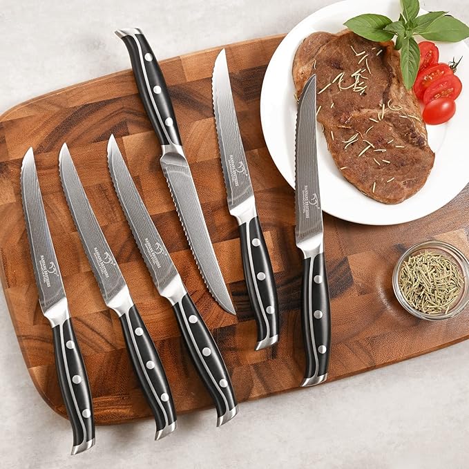 16-Piece Damascus Knife Set with Block - VG10 67-Layer Steel, Razor Sharp, Triple-Rivet Handles, 6 Steak Knives, Meat Fork, Sharpener & Scissors, Gray