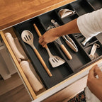 KitchenEdge Adjustable Kitchen Drawer Organizer for Utensils and Junk, Food-Safe Contract Grade with 100% Sustainable Wood, Expandable from 16 to 28 Inches Wide - Black Bamboo