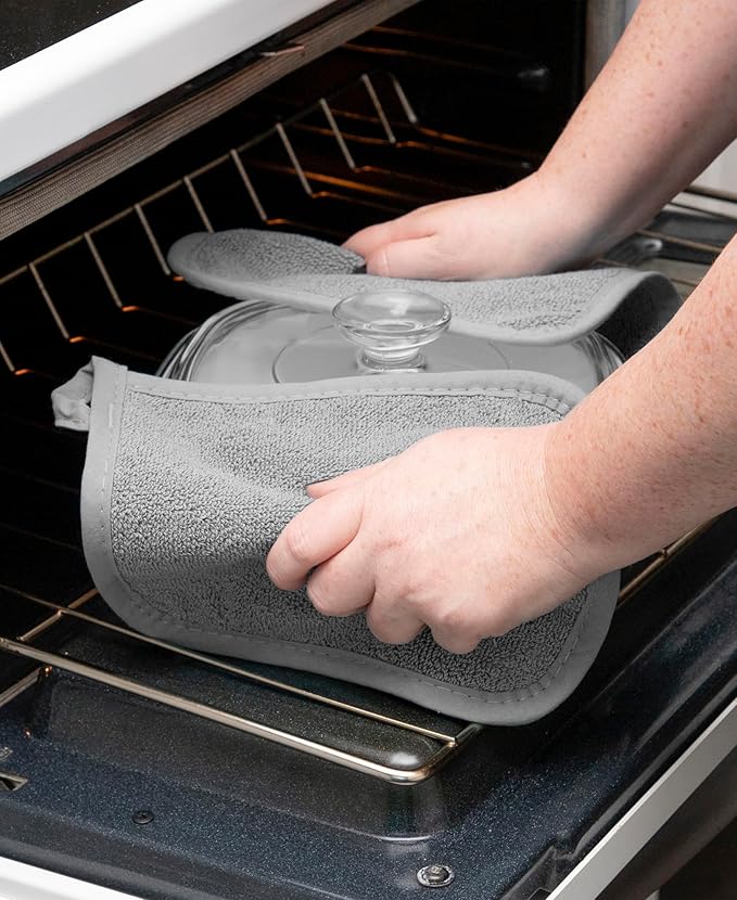 RITZ Terry Potholder & Hot Pad: Unparalleled Heat Resistant, Durable 100% Cotton – Ergonomically Designed for Optimal Grip – Easy-Care Machine Washable – 4-Pack, Titanium/Graphite