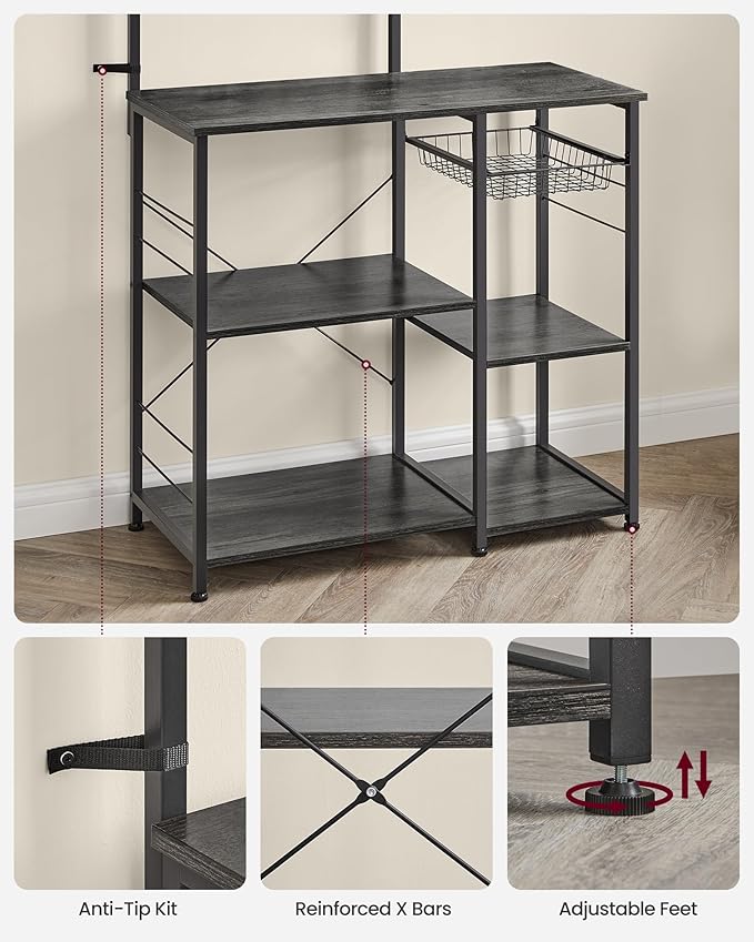 VASAGLE Baker's Rack, Microwave Stand, Kitchen Storage Rack with Wire Basket, 6 Hooks, and Shelves, for Spices, Pots, and Pans, Charcoal Gray and Ink Black UKKS035B04