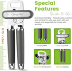 Spring Chef Stainless Steel Can Opener - Manual with Soft Grip Handles, Easy Turn, Heavy Duty Hand Can Openers for Seniors with Smooth Edge - Magnetic Lid Remover - Gray