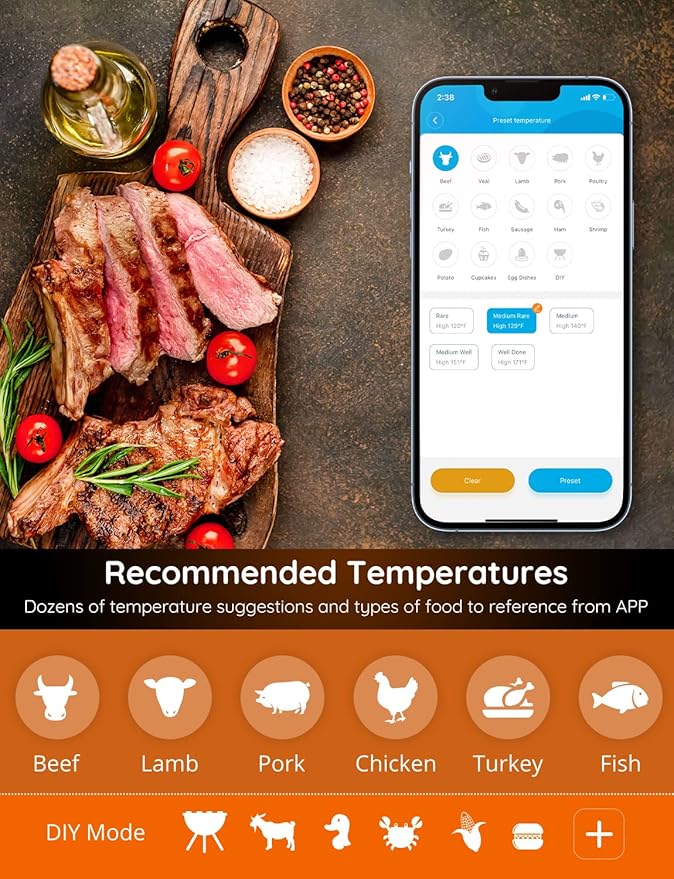 Govee WiFi Meat Thermometer with 4 Probe, Smart Wireless Meat Thermometer with Unlimited Range App Notification Alert, Digital Rechargeable Bluetooth Food Thermometer for Smoker BBQ Grill Oven Kitchen