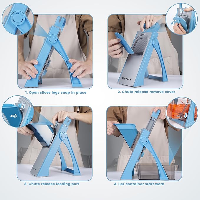 Upgrade Safe Mandoline Slicer Plus for Kitchen, SupMaKin Bigger Port Vegetable Food Potato Chopper, Adjustable Thickness, Julienne & Dicer With Vegetable Spiralizer (LightBlue)