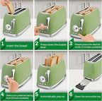 SUSTEAS Toaster 4 Slice Wide Slot, Stainless Steel Bread Bagel Toasters, Retro Long Slot Tostadora for Defrost, Reheat, Removable Crumb Tray, 1500W, 6 Browning Settings, Retro Green
