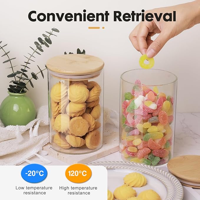 YUNCANG Glass Food Storage Jars 37oz [Set of 6],Clear Glass Food Storage Containers with Airtight Bamboo Lid Stackable Kitchen Canisters for Candy,Cookie,Rice,Sugar,Flour,Pasta