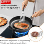 Fish Spatula Stainless Steel, 2 Pcs Metal Spatula Set for Kitchen and Grilling, Slotted Turner with Silicone Handle for Cast Iron Skillet, Cooking Utensils for Fish, Burger, Egg, 13.5" & 11.6"