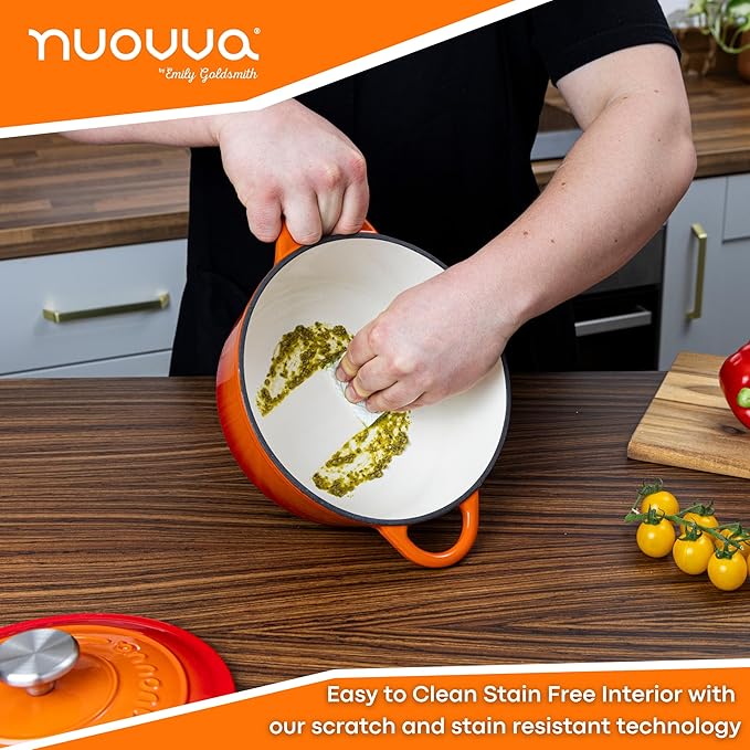 Cast Iron Pot with Lid – Non-Stick Ovenproof Enamelled Casserole Pot, Oven Safe up to 500° F – Sturdy Dutch Oven Cookware – Orange, 5-Quart, 24cm – by Nuovva
