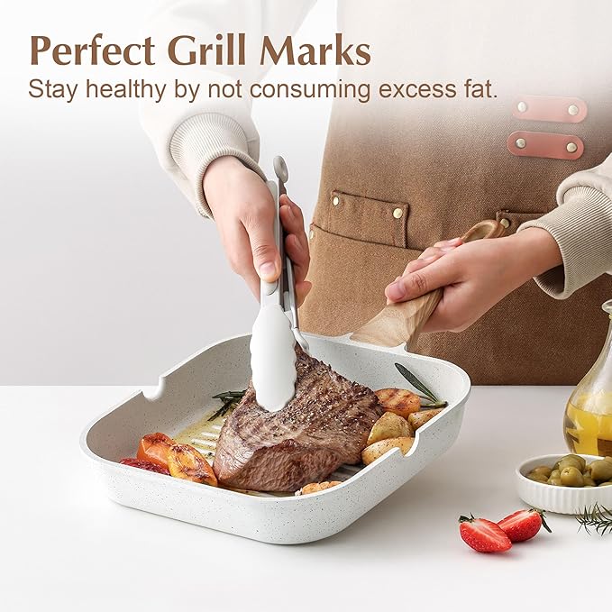SENSARTE Nonstick Ceramic Grill Pan for Stove Tops, Versatile Square Grilling Pan with Pour Spouts, Durable Grill Skillet for All Stoves, Steak Bacon Pan, Non Toxic-PTFE,PFAS,PFOA Free, 11 Inch