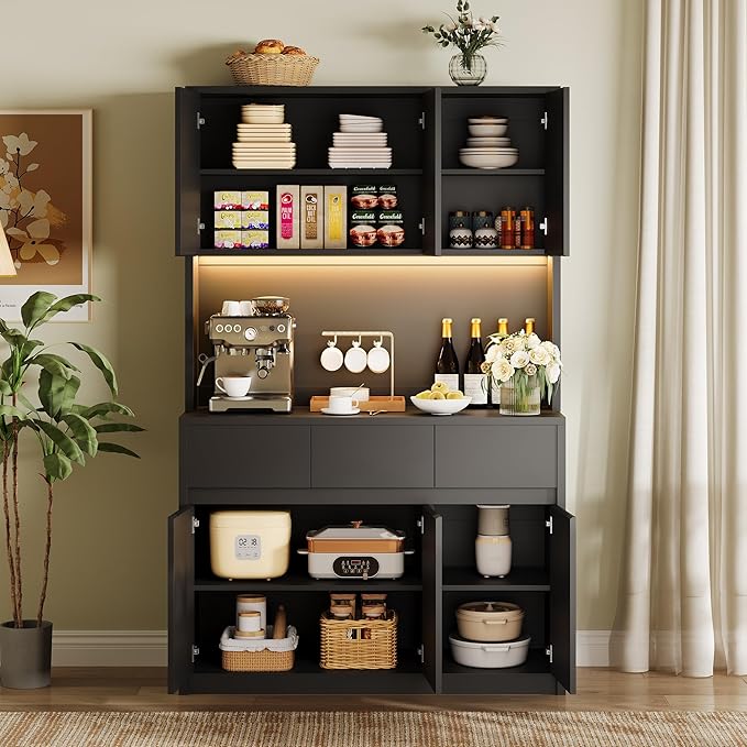 Garvee Kitchen Pantry Storage Cabinet, Tall Storage Cabinet with Doors and Shelves, Kitchen Storage Hutch with Microwave Stand, Led Lights and Charging Station, Corner Pantry Cabinet, Black
