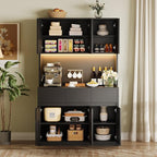 Garvee Kitchen Pantry Storage Cabinet, Tall Storage Cabinet with Doors and Shelves, Kitchen Storage Hutch with Microwave Stand, Led Lights and Charging Station, Corner Pantry Cabinet, Black