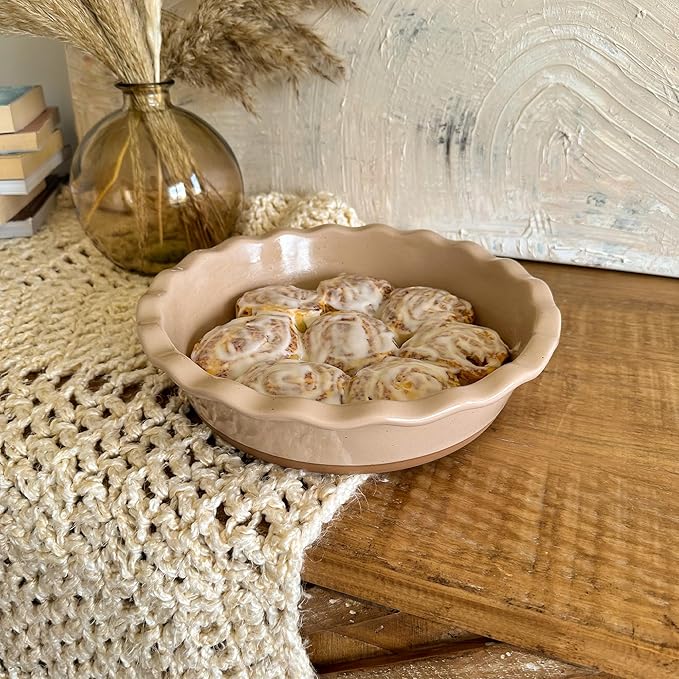 Mora Modern Farmhouse Style Ceramic Pie Pan - Deep and Fluted Dish - 9 Inch - Baking Pies: Apple, Quiche, Pot Pies, Tart