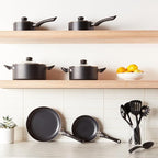 Amazon Basics Non Stick Kitchen Cookware 15-Piece Set, Non-Induction, Includes Pots, Pans, and Utensils, Black