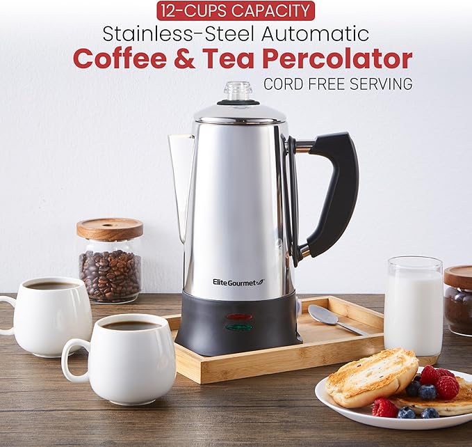Elite Gourmet EC924 Electric Coffee Percolator, BPA Free, Keep Warm, Clear Brew Progress Knob, Cool-Touch Handle, Cordless Serve, 12-Cup, Stainless Steel