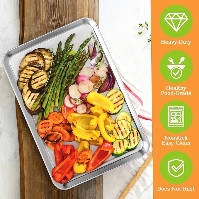 Small Baking Sheet of 2, CEKEE Stainless Steel Baking Pan Tray Cookie Sheet, Size 9 X 7 X 1 inch, Healthy & Non Toxic, Rust Free & Mirror Finish, Easy Clean & Dishwasher Safe