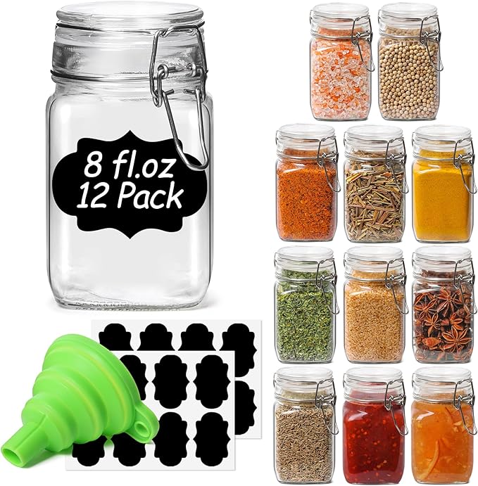 ComSaf Small Glass Jars with Airtight Lid Set of 12, Spice Jars 8 oz, Mason Jar 8 oz, Small Canning Jar, 8oz Jars with Lids for Kitchen, Jam, Jelly, Honey, Dessert, Salad, Shower Wedding Favors
