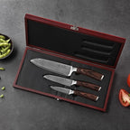 Wakoli EDIB 3-Piece Damascus Kitchen Knife Set in Wooden Gift Box – Sharp Knives Set made of Genuine Damascus Steel (VG10 Core) – Santoku, Small Santoku, & Pairing Knife – Ergonomic Pakkawood Handles