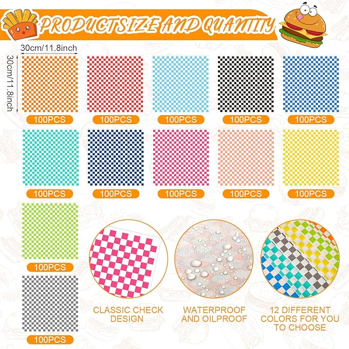 Fulmoon 1200 Sheets Waxed Deli Paper Sheets Sandwich Wrap 12 x 12 Inch Plaid Checkered Sandwich Liners, Food Basket Liner Deli Wrap Wax Paper for Wrapping Bread BBQ Picnic