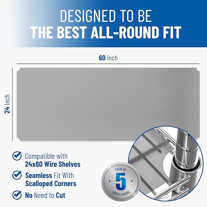 Shelf Liners for Wire Shelf System: Set of 5 in Graphite: 24 x 60 inch: Plastic Wire Shelving Shelf Mats