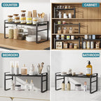 Expandable Cabinet Shelf Organizer Riser for Kitchen Pantry Cupboard Under Sink Countertop Home Storage Organization Rack Space Saver
