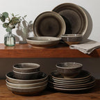 Gibson Elite Hailstone 16 Piece Stoneware Reactive Glaze (Service for 4) Ceramic Plates and Bowls Dinnerware Set - Black