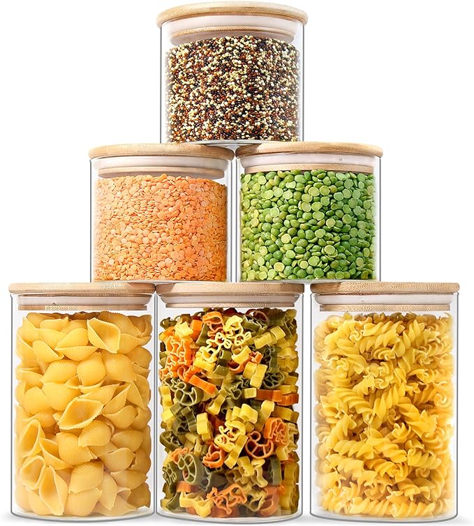 Urban Green Glass Storage Container Bamboo Lids, Glass Airtight Canisters sets, Food Jars, Pantry Organization and Storage Containers, Spice Jars, Flour Canisters of 6