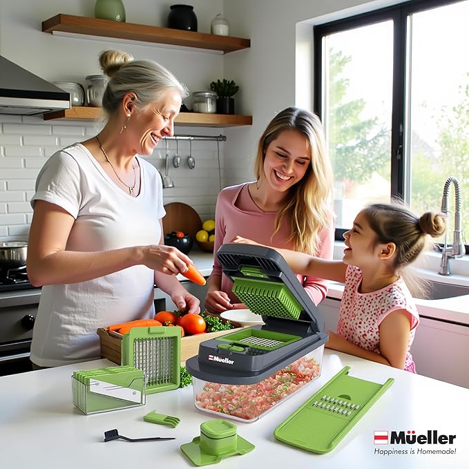 Mueller Pro-Series 10-in-1, 8 Blade Vegetable Chopper, Onion Mincer, Cutter, Dicer, Egg Slicer with Container, French Fry Cutter Potato Slicer, Home Essentials, Salad Chopper,Gray/Green