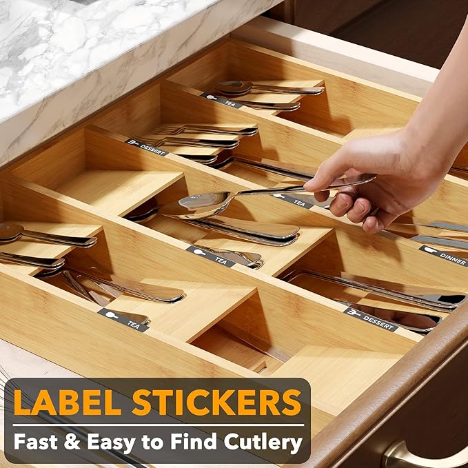 SpaceAid Bamboo Silverware Drawer Organizer with Labels, Kitchen Utensil Tray Holder Organizer for Flatware, Cutlery, Spoon and Knives Drawer Storage Organization (12 Slots)
