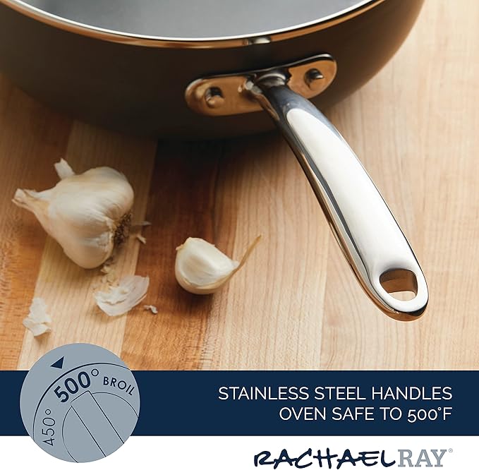 Rachael Ray Professional Hard Anodized Nonstick Sauce Pan/Saucepan/Saucier with Helper Handle and Lid, 4 Quart - Gray