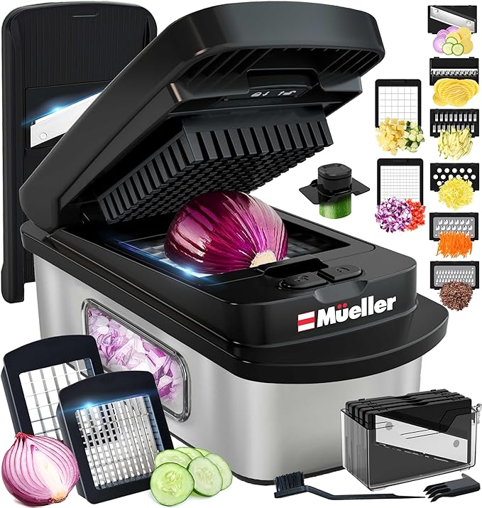 Mueller Pro-Series 10-in-1, 8 Blade Stainless Steel Multi Vegetable Chopper And Mandoline Slicer, Kitchen Tools and Gadgets, Food and Veggie Chopper, Mincer, Dicer, French Fry Cutter, Black