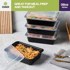 CIAO! Heavy Weight 38oz Injection Molded Microwavable Black Rectangular Food Container with Lid (150/case)