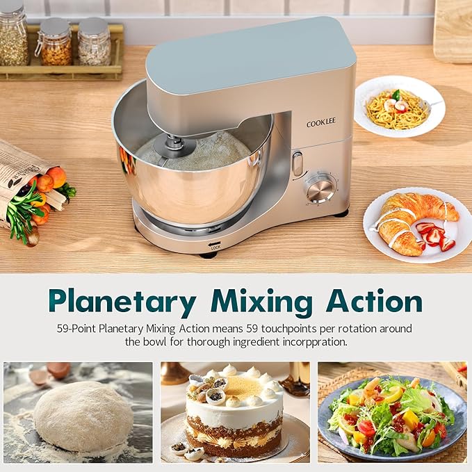 COOKLEE Stand Mixer, 9.5 Qt. 660W 10-Speed Electric Kitchen Mixer with Dishwasher-Safe Dough Hooks, Flat Beaters, Wire Whip & Pouring Shield Attachments for Most Home Cooks, Silver