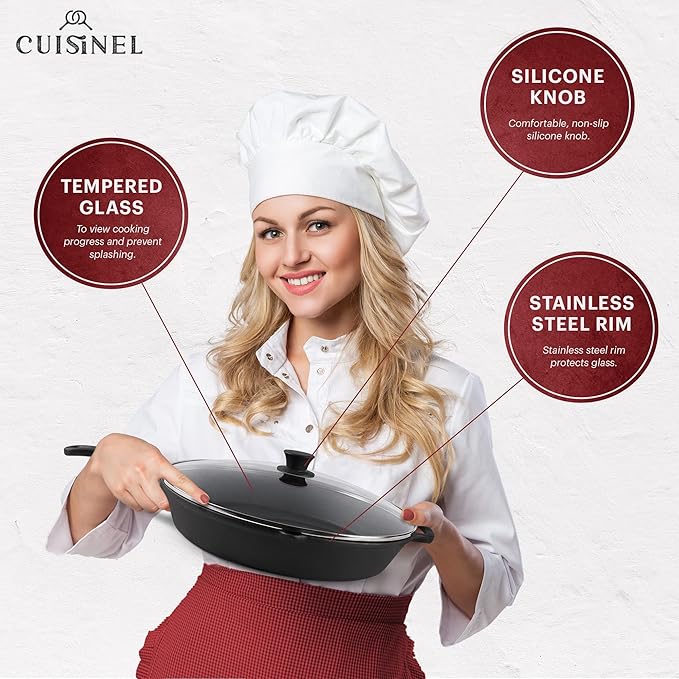 Cuisinel 15" Cast Iron Skillet + Glass Lid Cover + Black Pan Scraper + Silicone Handle Grip Cover - Pre-seasoned Kitchen Cookware - Indoor/Outdoor - Camping, Grilling, BBQ, Oven Use