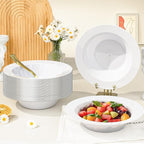 BESTVIP 100 Pack White Plastic Bowls, 12 oz Disposable Soup Bowls, Heavy-duty Dessert Salad Bowl for Christmas, Thanksgiving, Party, Wedding, Dinner, Catering