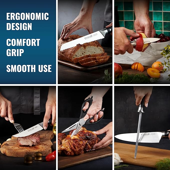 Cutluxe 15-Piece Knife Set – Premium Black Wood Block – Knife Set for Kitchen, Ultra Sharp High Carbon German Stainless Steel, Full Tang – Artisan Series