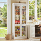 70.8" Tall Farmhouse Kitchen Pantry Cabinet with Glass Doors, Modular Storage Cabinet with 6-Tier Adjustable Shelves, White, Wooden Hutch for Kitchen, Living Room, Set of 2