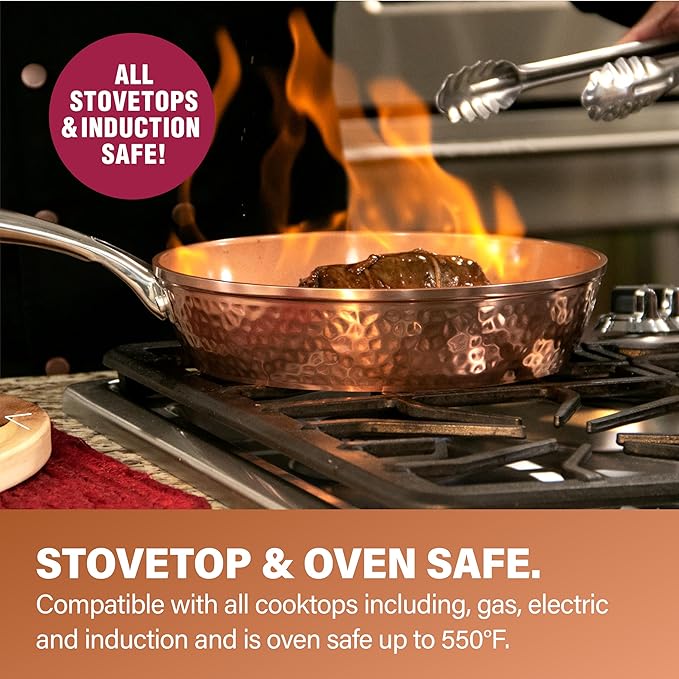 Gotham Steel Hammered 15 Pc Ceramic Cookware Set, Induction Pots and Pans Set Non Stick with Cooking Utensils & Steamer, Non Toxic Ceramic & Titanium Coating PFOA PFOS Free, Oven & Dishwasher Safe