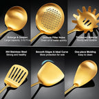 Gold Kitchen Utensils Set with Wooden Handle, 6 PCS Professional Cooking Utensils Set, Wok Spatula, Ladle, Skimmer, Slotted Spatula Turner, Spaghetti Spoon, Large Spoon