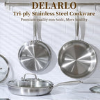 DELARLO Tri-Ply Stainless Steel 10inch and 12inch Frying Pan, Oven safe induction skillet,pots and pans set,Suitable for All Stove (Detachable Handle)
