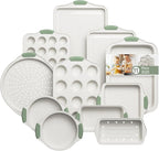 11-Piece Non-Toxic Baking Set, Stackable Nonstick Cookware with Heat-Resistant Handles - Includes Cookie Tray, Round Cake Pan, Muffin Cups, Pizza Pan & Loaf Baker, White&Light Green