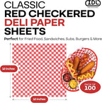 Red Checkered Deli Paper Sheets, 12" x 12" (100 pcs) - USA-Made Premium Food Basket Liners - PFAS-free Grease Resistant Deli Paper Sheets for Food, Snack & Baking Wrap, Picnic & Party by IDL Packaging
