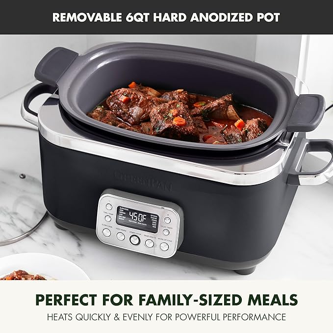 GreenPan Elite 14-in-1 Nonstick 6QT Electric Slow Cooker, PFAS-Free Ceramic Multi-Cooker, In-Pot Browning, Dishwasher Safe Lid & Removable Crock, Stainless Steel Steamer, Silicone Handles, Black