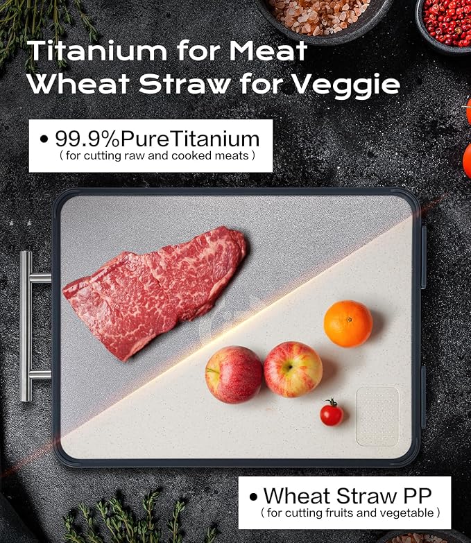 Titanium Cutting Board for Kitchen, Double Sided Non Toxic Cutting Board with Grinding Zone, Food-Grade Metal Chopping Board Pure Titanium & Wheat Straw PP Space Saving (14.5”×11”, 1 PC)